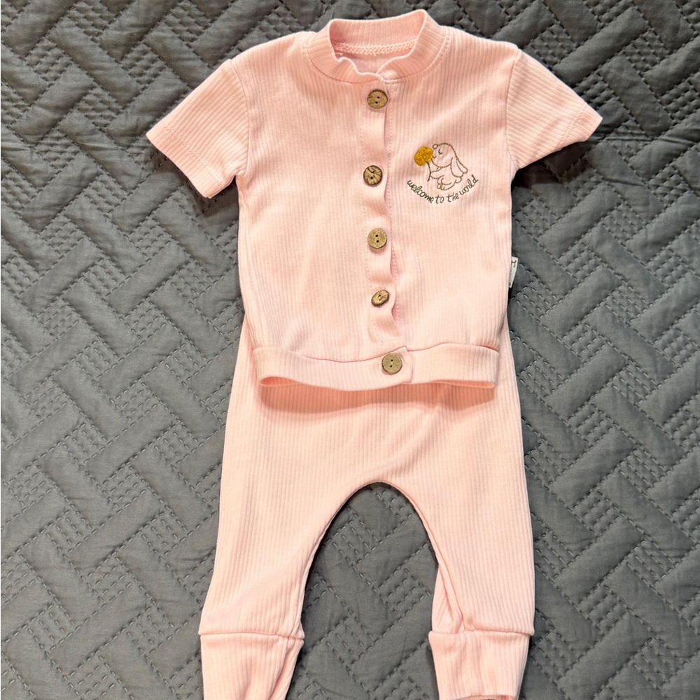 Pink Kids Matching Set with Elephant Embroidery